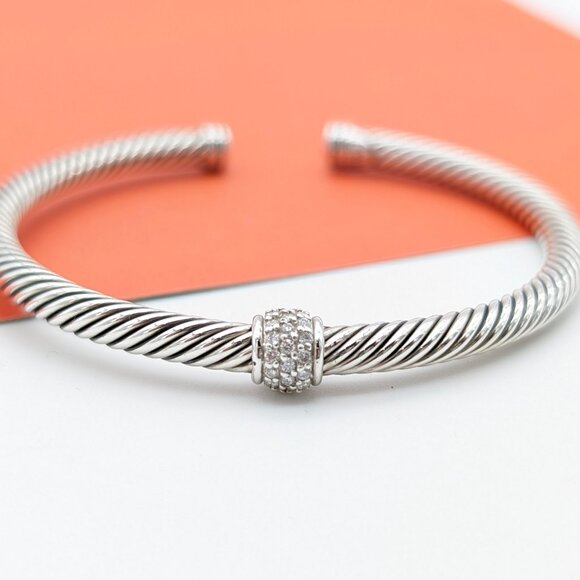 DAVID YURMAN 4MM Sterling Silver Diamond Single Station Barrel Bracelet 7 Inch